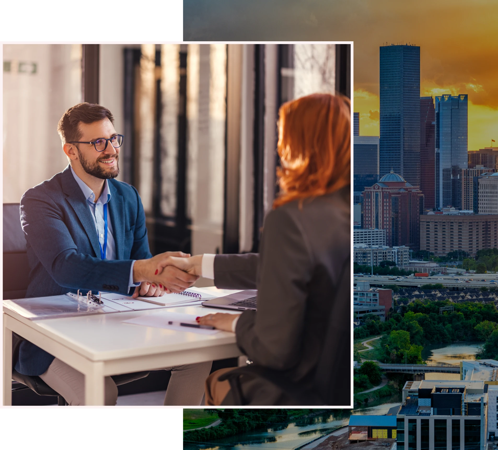 Cityscape and business meeting blend
